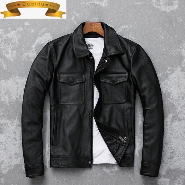 

jacket genuine leather 2021 men slim short real cow coat motorcycle jackets mens clothing chaqueta de los hombres men's & faux, Black