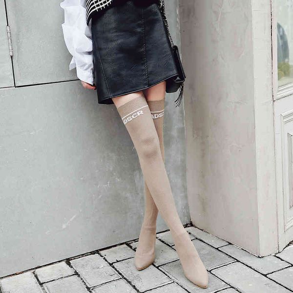 

boots women over the knee low high heels female long sock stretch fabric ladies winter shoes a2ra, Black