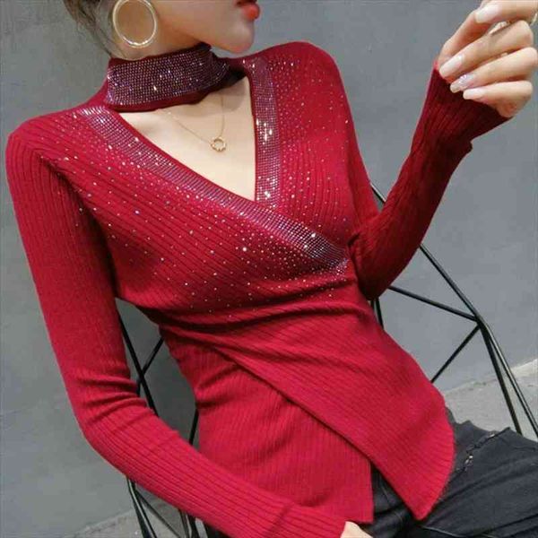 

autumn winter women sweaters fashion v-neck diamond knitted shirt elegant slim womens pullovers, White;black