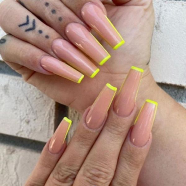 

false nails 24pcs glossy pink french press on extra long coffin ballerina shape uv gel fake nail tips, Red;gold