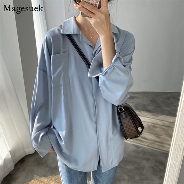 

plus size loose elegant chiffon blouse women long sleeve white shirt spring pocket casual solid shirts blusas 12631 210512