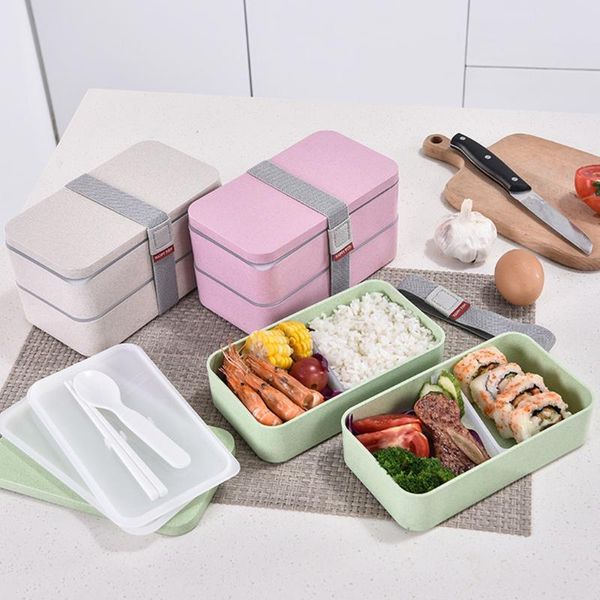 

dinnerware sets 1200ml microwave storage container lunchbox wheat straw double layers lunch box with spoon healthy material bento boxes