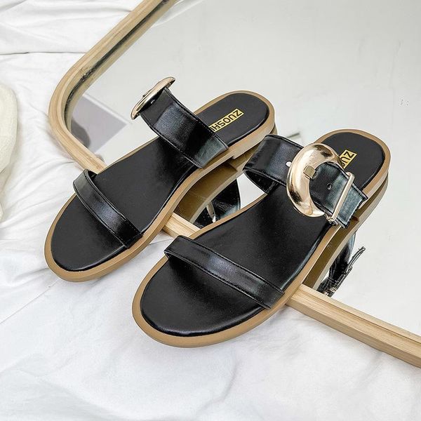 

summer women slippers retro rome open toe casual sandals fashion leather metal button flat outdoor beach zapatos mujer, Black