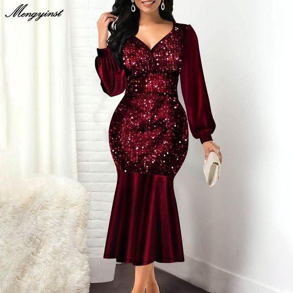 

elegant shiny patchwork ruffles dress women 2021 autumn casual female v-neck collar long sleeve party slim fit mermaid vestidos dresses, Black;gray