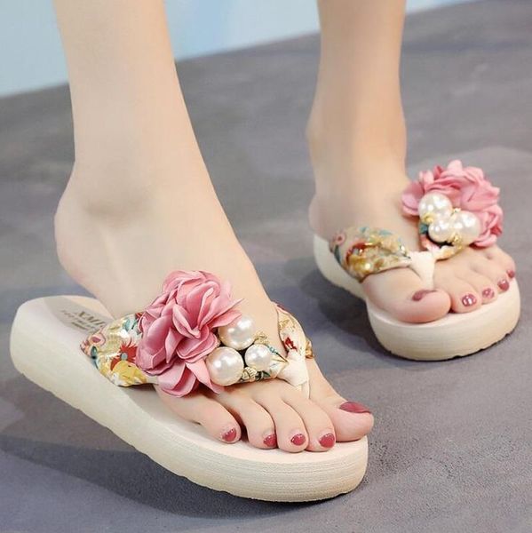 

summer beach flip flops women's sandals handmade flowers casual clip flat slippers outside wearing shoes, Black