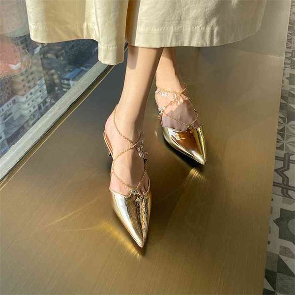 

2021 summer 2021 spring new and fairy style golden pointed sandals women's flat bottom baotou back empty crystal chain shoes yw h6ag, Black