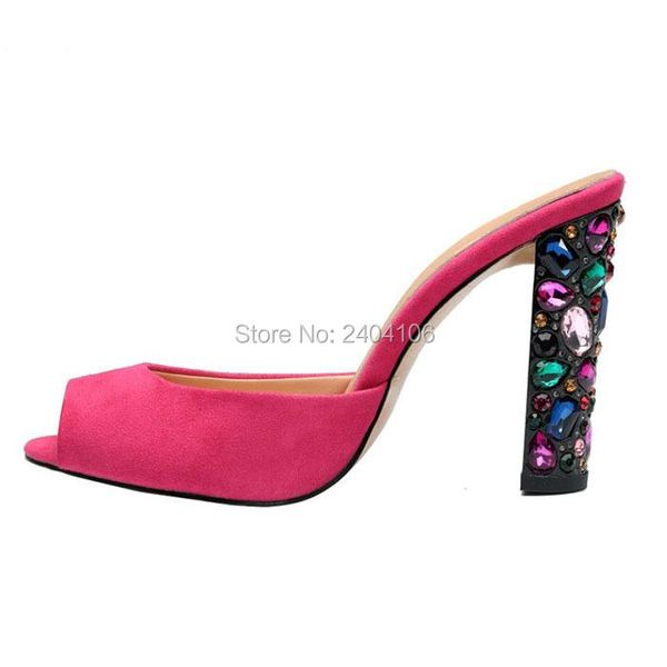 

shooegle luxury designer women shoes party dress high heels multicolored crystals embellished sandals jeweled block heel slides, Black