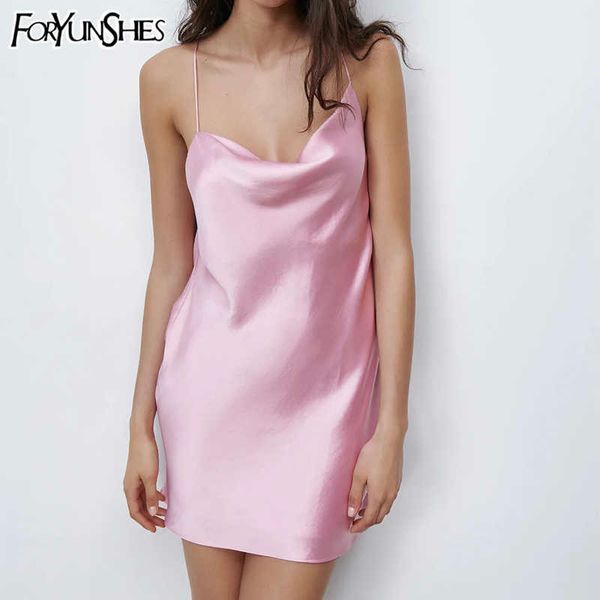 Frauen Sexy Satin Backless Ärmelloses Minikleid Frau Elegante Rosa Slip Vestidos Sommerkleid Sommer Strand Club Nacht Kleider 210709