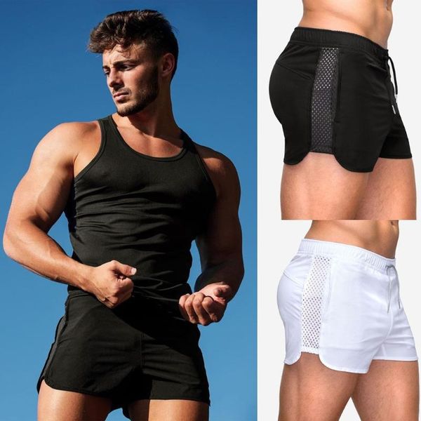 

men's sports training bodybuilding summer shorts workout fitness short pants breathable quick dry loose casual ropa hombre, White;black