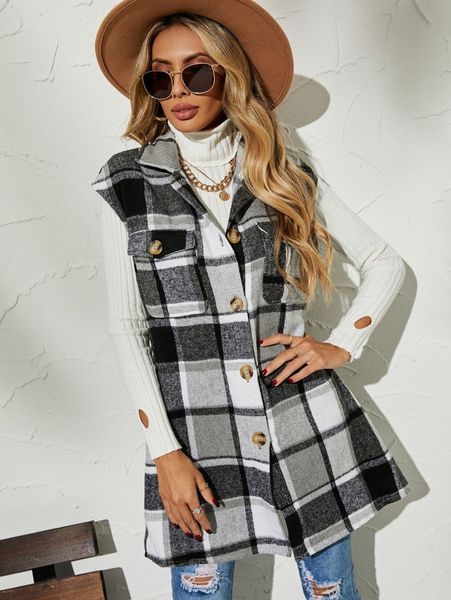 

plaid print sleeveless overcoat without belt h3yn#, Black