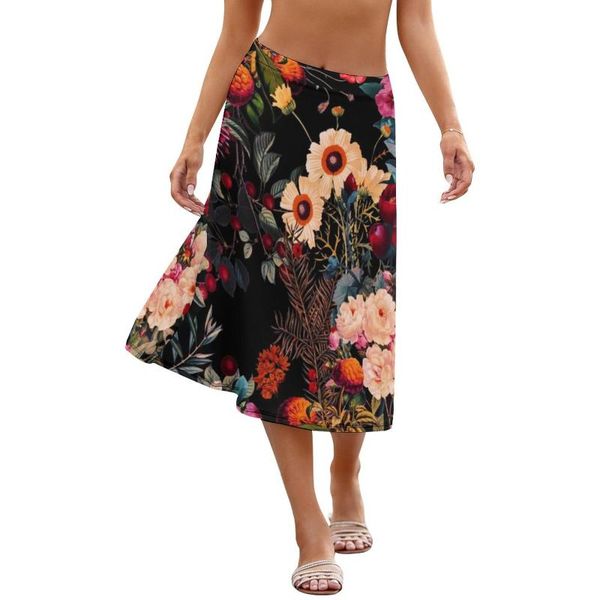 

skirts floral skirt spandex girl autumn fashion modern patterns midi, Black