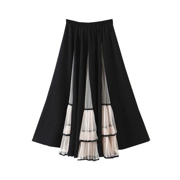 

skirts retro high waist pleated skirt contrast color mesh splicet long a-line womens faldas mujer moda 2021 spring clothing, Black