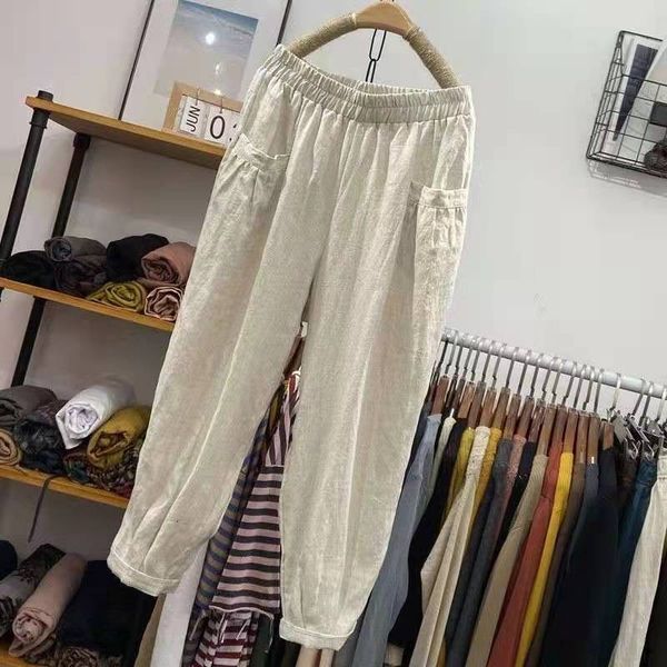 

women's jeans arrival summer women loose casual elastic waist ankle-length pants all-matched cotton linen big size harem w138 g04f, Blue