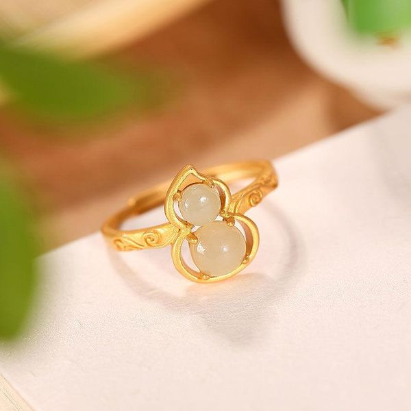

cluster rings charm hetian white jade gourd opening adjustable ring chinese style complex pattern craft design women silver jewelry, Golden;silver