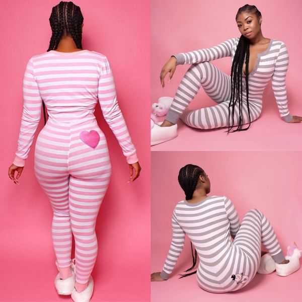 

women long sleeve button v neck striped bodycon party stretchy one piece pajamas autumn nightwear sleepwear romper jumpsuit, Black;white