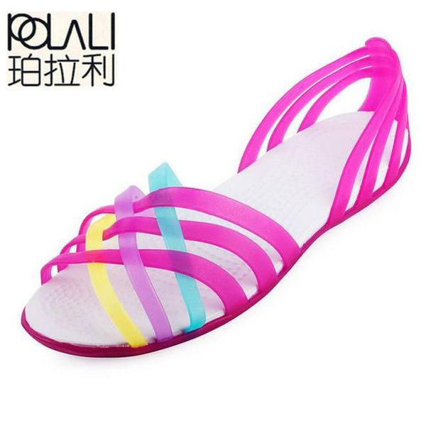 

women jelly shoes rainbow summer sandals female flat ladies slip on woman candy color peep toe women's beach, Black