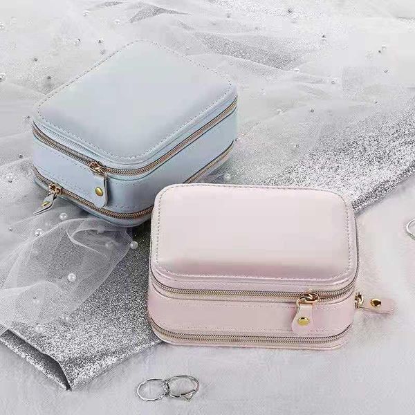 

jewelry pouches, bags exquisite pu leather double zipper portable storage box necklace ring earring jewelrys lipstick makeup dust boxs, Pink;blue