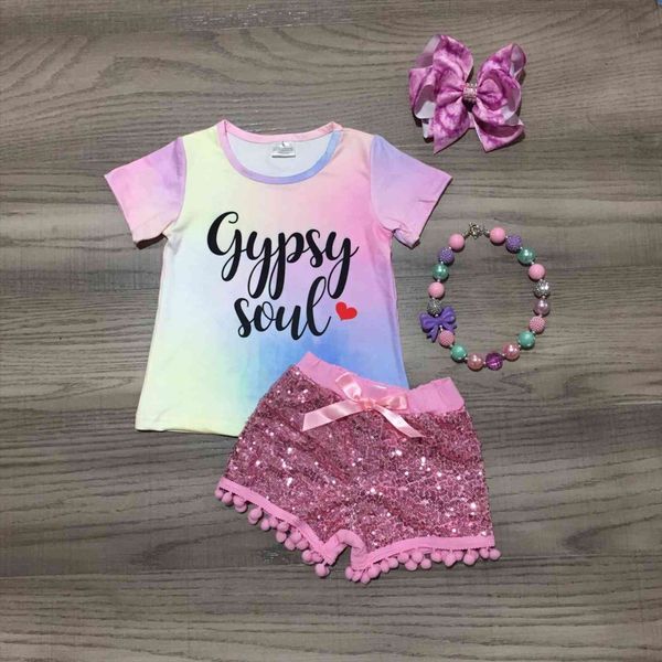 

summer baby girls children clothes outfits set tie dye boutique sequins shorts cotton kids clothing match accessories, White