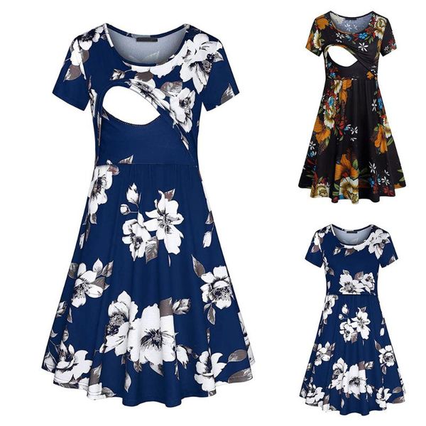 

maternity dresses short sleeve breastfeeding floral print dress summer round neck a-line casual pregnancy d30, White