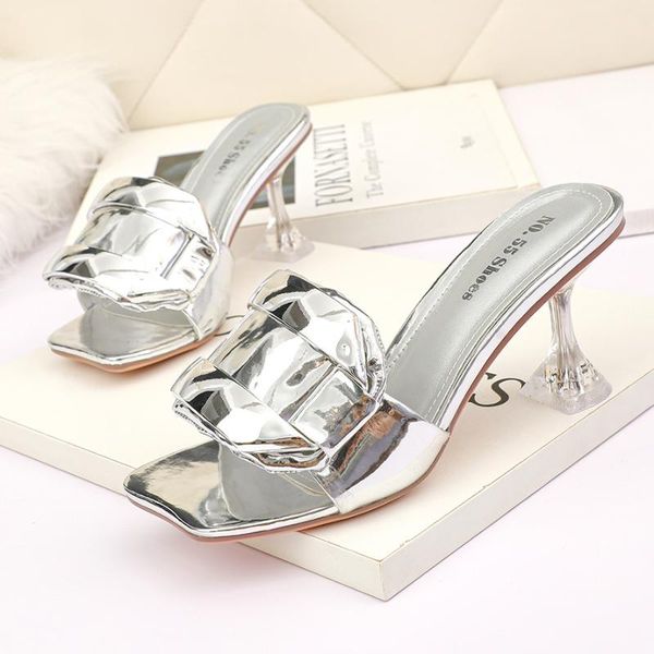 

slippers clear women shoes high heels sandals summer big size pump rhinestone heel slides fashion zapatos de mujer gold silver, Black