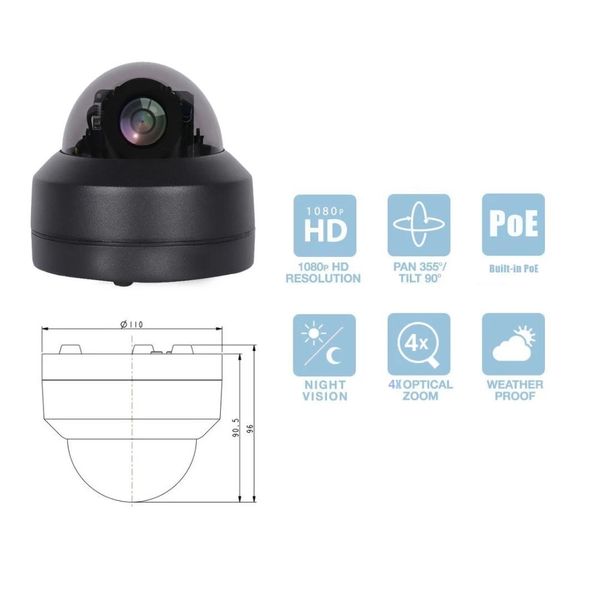 8MP IP-камера открытый потолок POE PTZ 4X ZOOM LENS IR Night Vision Видеонаблюдение мини-купол H.265 OnVif