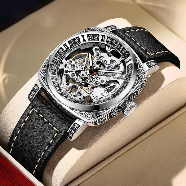

wristwatches 2021 men watch luxury retro carved luminous fashion leather men's double-sided hollow automatic mechanical, Slivery;brown