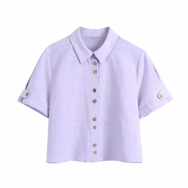 

summer women wooden buttons violet casual shirt female short sleeve blouse lady turndown collar loose blusas s8950 210430, White
