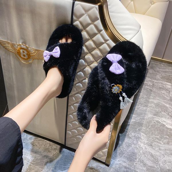 

slippers fashion plush home flat slipper for women comfortable indoor lady furry slides cute cartoon fruit design winter, Black