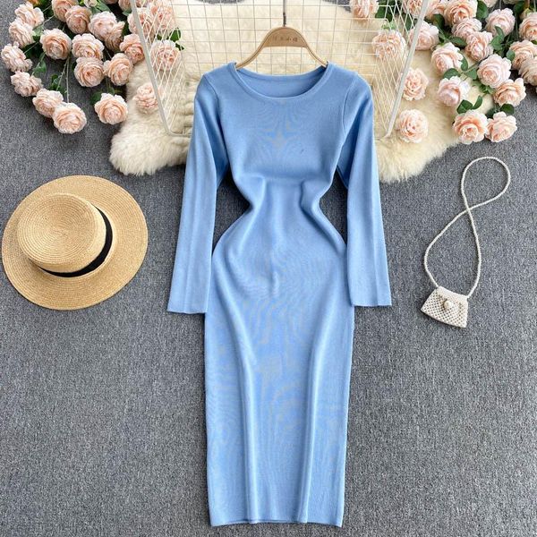 

casual dresses knitted for women 2021 korean simple pure color round neck slim bag hip bottoming female clothing, Black;gray