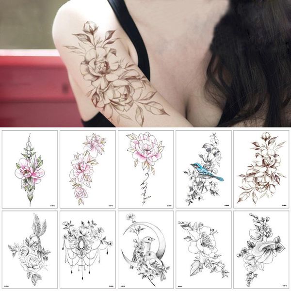 

temporary tattoos hand-painted flower arm tattoo sticker waterproof female durable rose hummingbird black design body art