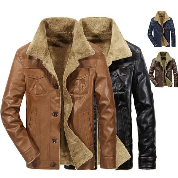 

men's leather jackets winter fleece pu coats casual plus thick warm wide-collared outerwear fur collar thermal biker jacket 6xl & faux, Black