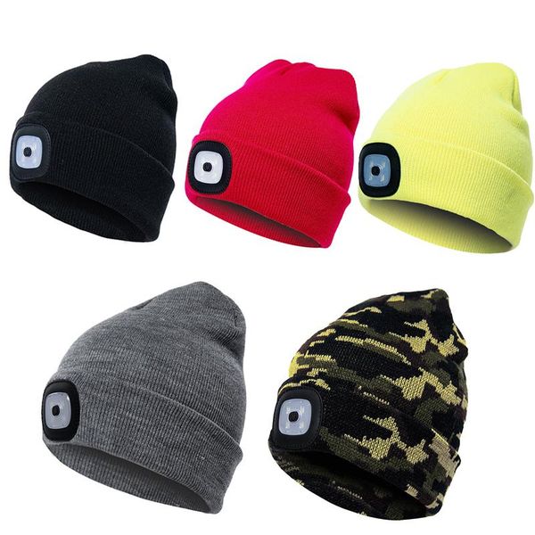 

lighted beanie cap autumn winter knitted hat hunting camping flash headlight climbing running caps cycling & masks, Black