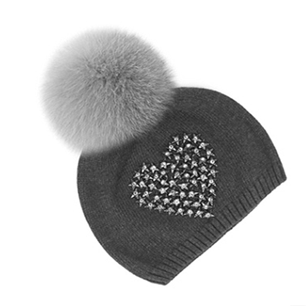 

beanie/skull caps womens winter wool beanie hat with faux fur pom removeable warm knit skull cap artificial diamond decoration, Blue;gray