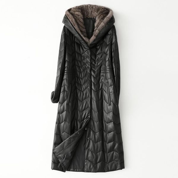 

women's leather & faux down coat women winter long mink hoodie black large pockets genuine jackets plus size loose outwear