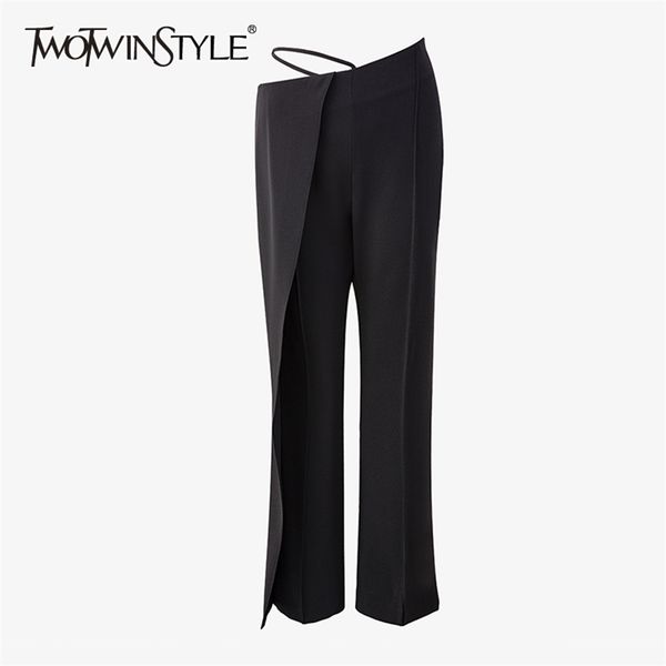 

black irregular trousers for women high waist lace up bottom split full length straight pants female spring fashion 210521, Black;white