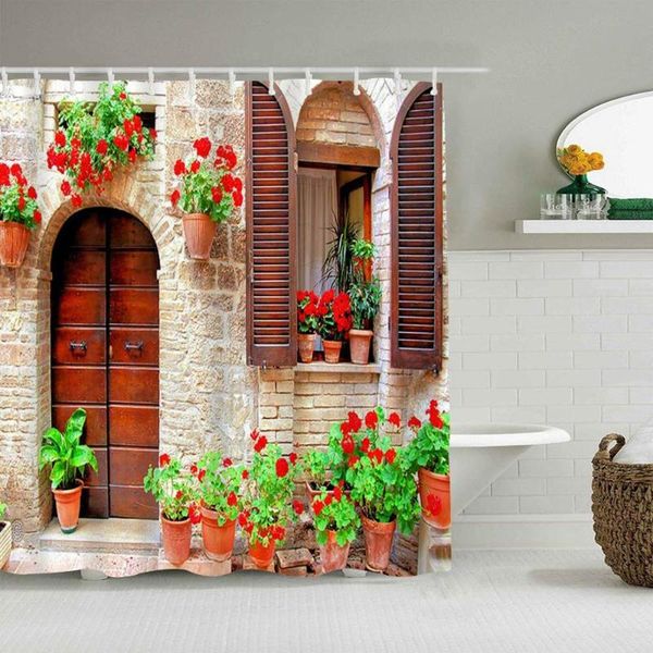 

shower curtains polyester fabric curtain italian tuscan house wallpaper colorful potted flowers with shutter 12 plastic hooks