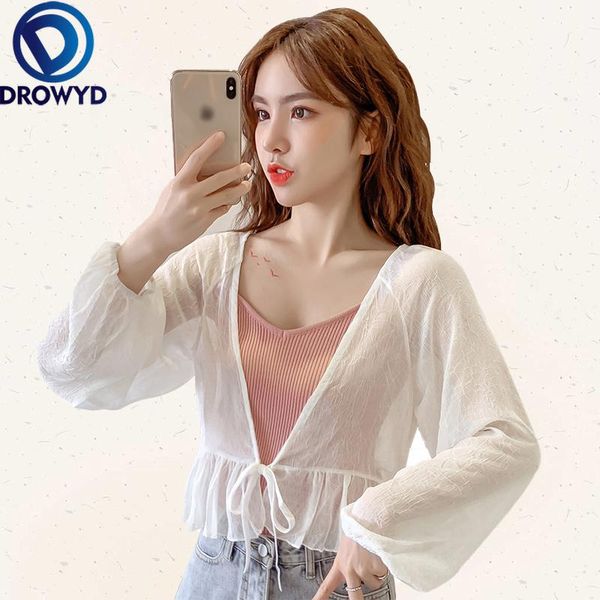 

women's jackets 2021 korean summer women thin v-neck short coat white casual long sleeve jacket fashion streetwear plus size ruffles, Black;brown