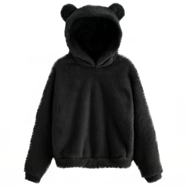 

women hoodie lovely fleece animal hoodies sweatshirt long sleeve warm bear ear hooded plush hoody pullover lady winter, Black