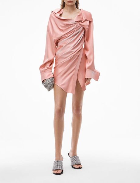 

casual dresses 2021 design trendy fashion solid color silk irregular draped shirt dress women, Black;gray