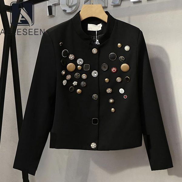 

women's suits & blazers aeleseen casual blazer 2021 autumn black white button beading women long sleeve fashion short coat, White;black