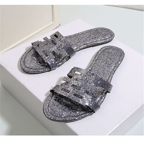 

womens slippers slides flip flops leather women sandal sequined gold slipper summer flat heel beach sandals with box 41 42, Black