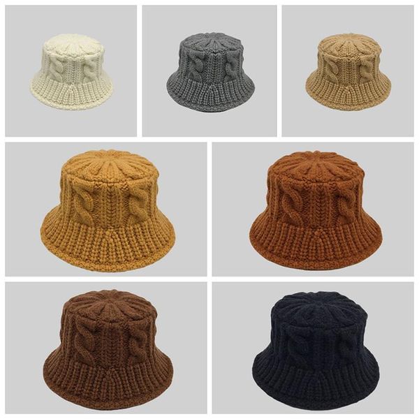 

wide brim hats autumn winter warm knitted fisherman bucket for women twisted knit basin hat female fashion solid color woolen cap beanies, Blue;gray