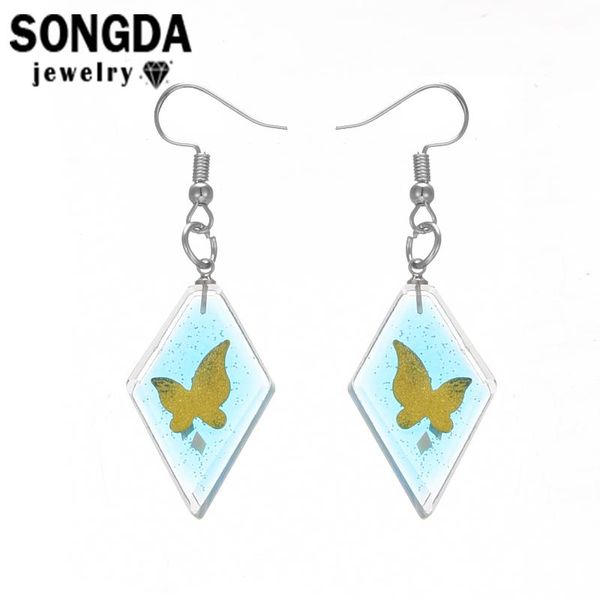 

stud songda fluorescent color butterfly pattern earrings rhombus transparent glass art design style jewelry exquisite gift for women, Golden;silver
