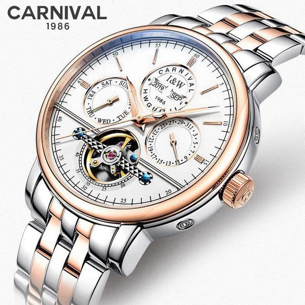 

wristwatches carnival fashion automatic mechanical watch mens multifunctional year month week display waterproof tourbillon watches 8724, Slivery;brown