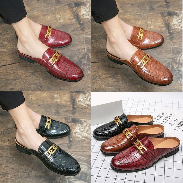 

crocodile pattern leather men slippers soft cowhide shoes metal buckle beach slippers mules black brown classic slippers large size 38-47