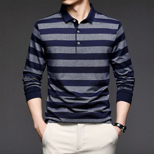 

autumn new middle-aged long sve t-shirt fashion wide stripe polo shirt men's bottomed shirt, White;black