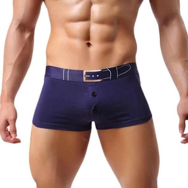 

underpants men's bulge pouch cotton boxers breathable button belt print, Black;white