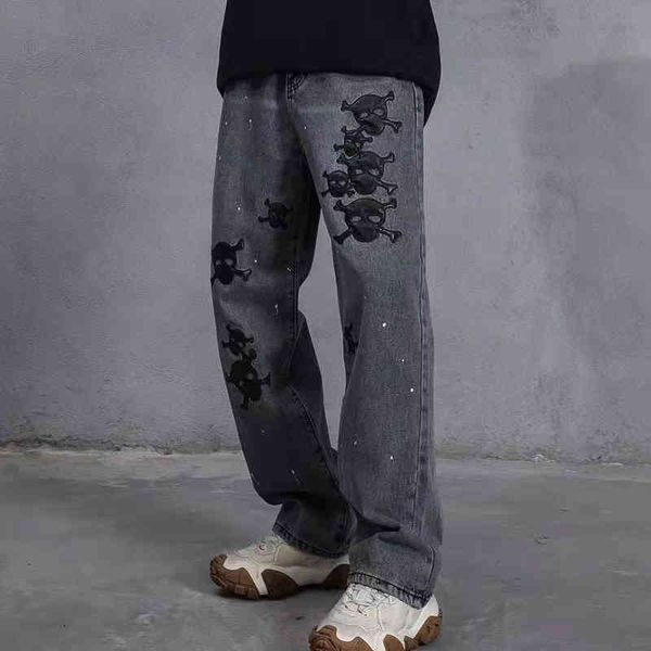 

men's jeans harajuku skull embroidered in a straight retro line brim pants of men's casual hip hop vibe oversize couple denim stre, Blue