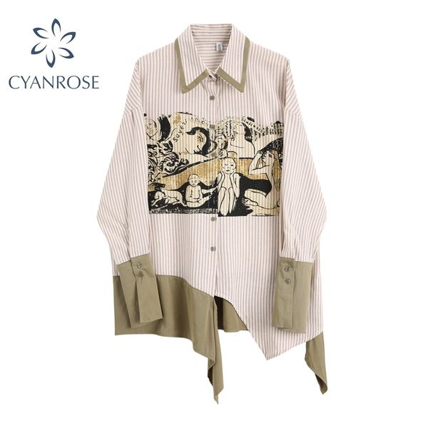 

fashion printing women oversize shirt autumn korean casual long sleeve button up collar designer woman blouses shirts 210417, White