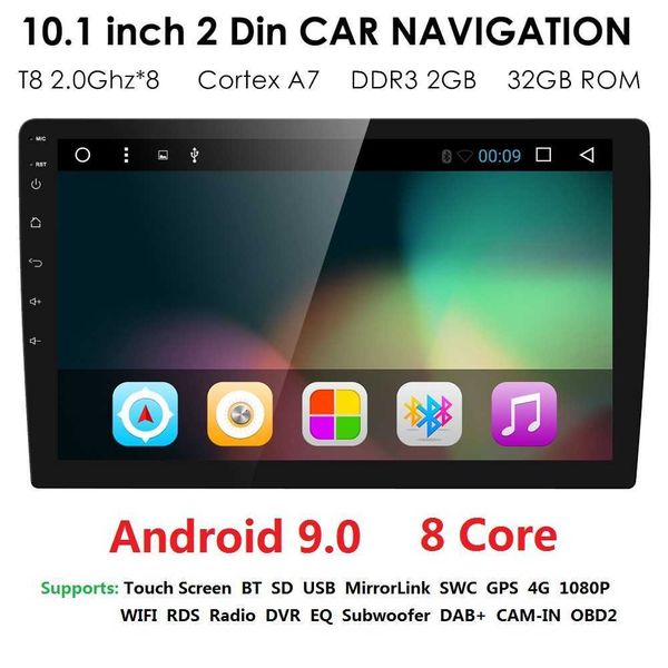 Universal 2din Android 9.0 Octacore Car Nodvd Player GPS WiFi BT Rádio BT 2GB RAM 32GB Rom 4G SIM Rede de Rede RDS USB